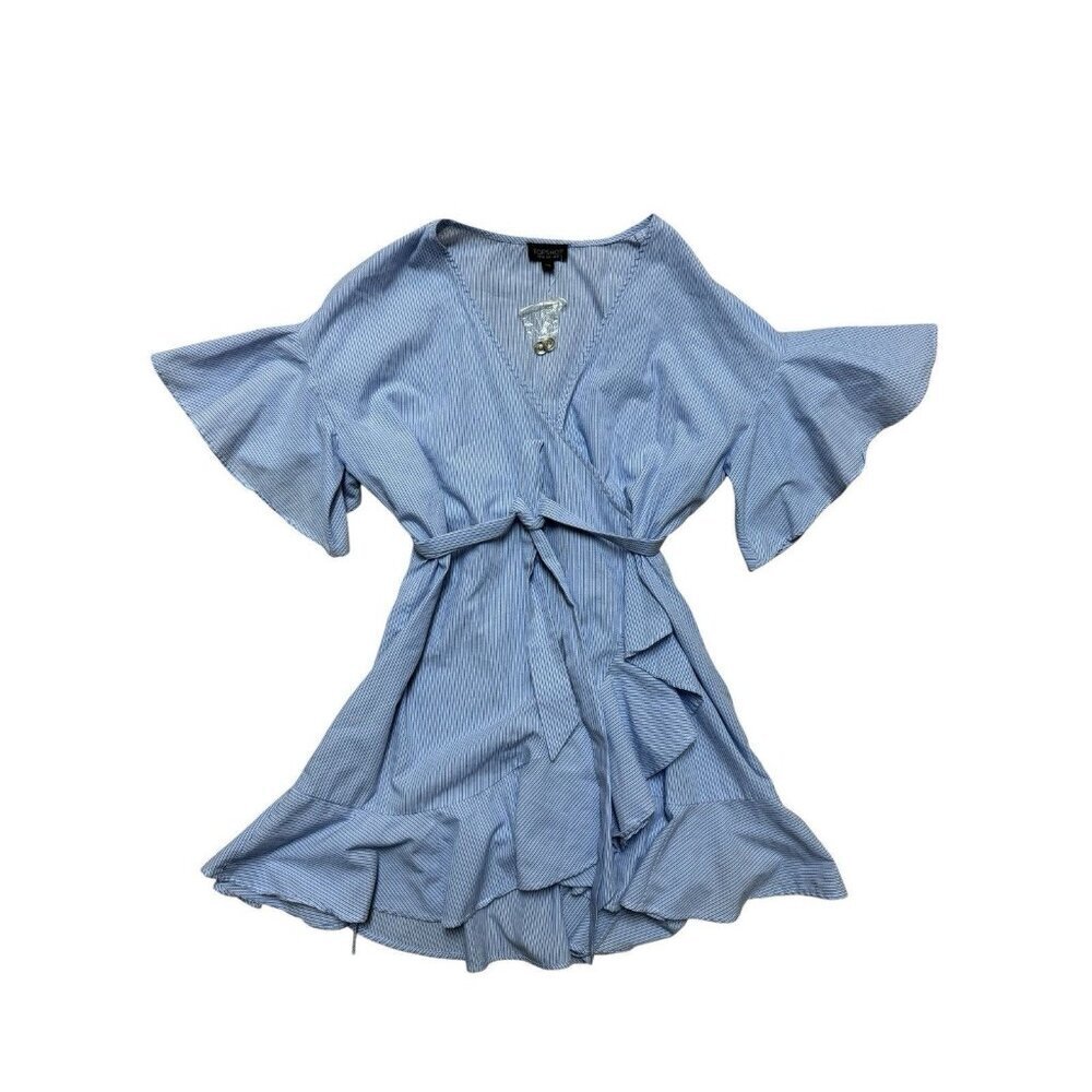 Topshop Blue Stripe Wrap Mini Dress Womens Size 6 Tie Waist Ruffle Hem NWOT